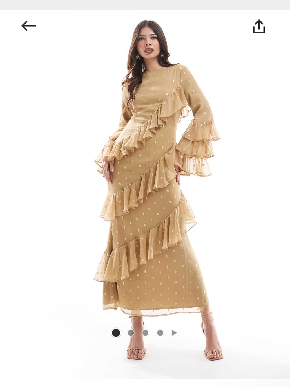 asos design ruffle polka dot gold dress